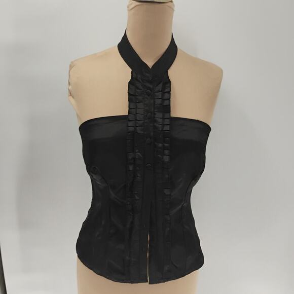 Forever 21 Women Tops Black y2k satin halter top ruffle tuxedo - Picture 1 of 12